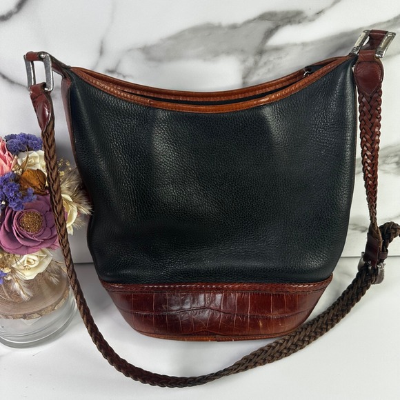 Brighton Black Leather Croc Trim Braided Strap Shoulder‎ Bucket Handbag Purse - Picture 4 of 13